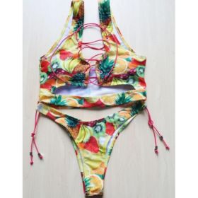 Pineapple Bikini for big boob Women Lace Up Swimwear Thong bikini set two pieces Swimsuit Bathing Suit female (Option: XL-Fruits)